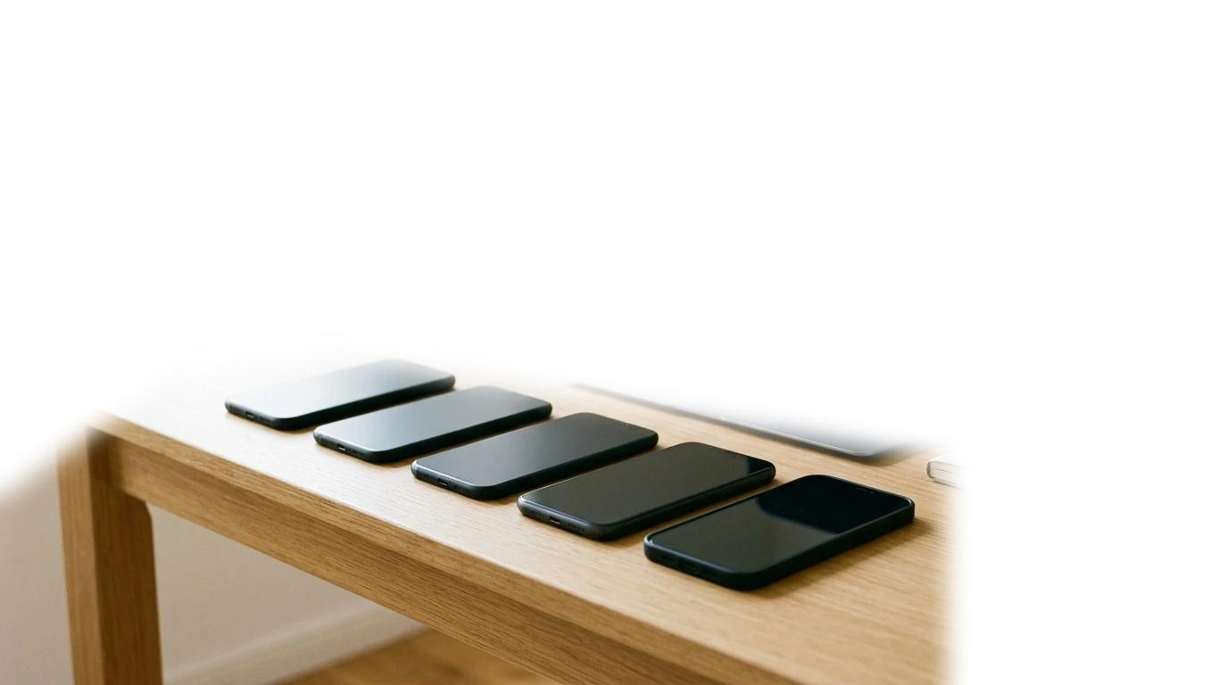 Передний план: ряд смартфонов с тёмными экранами